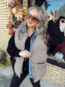 A Fall Drive Denim Layered Vest - Taupe