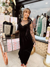 Load image into Gallery viewer, Pop the Bubbly Velvet Maxi Dress | Black