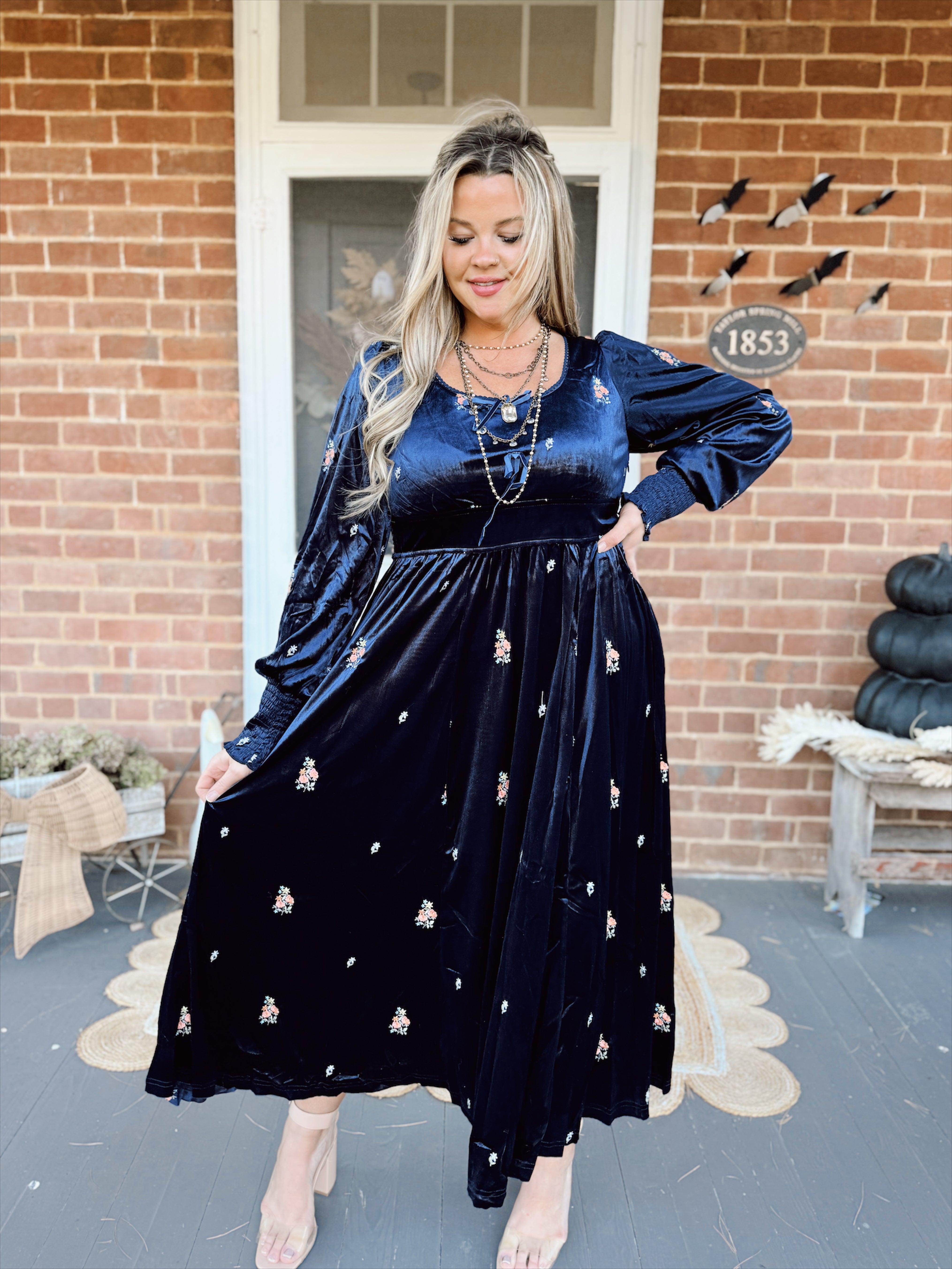 green emerald velvet dress Elaine Embroidered Velvet Maxi