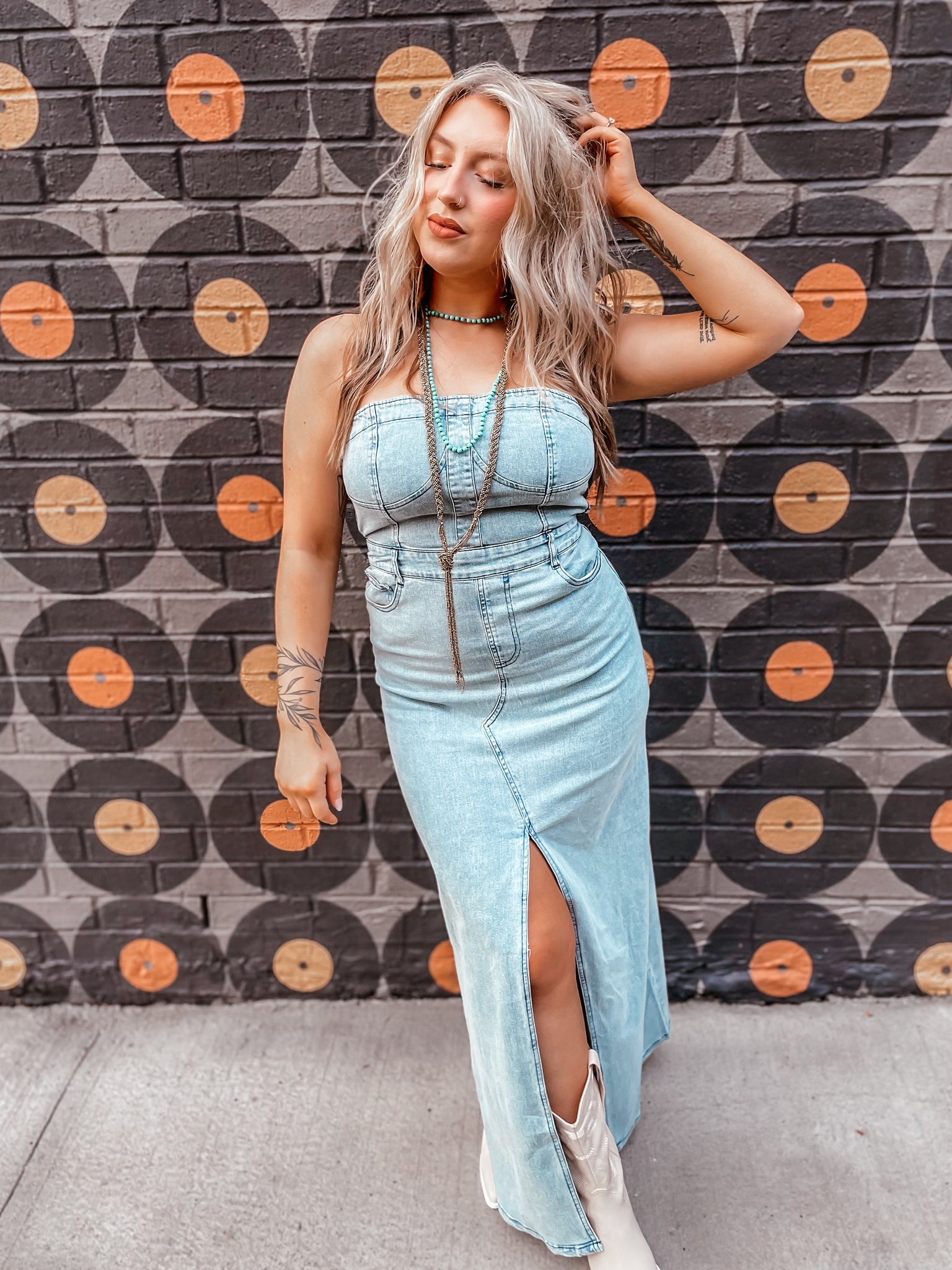 denim dress for rodeo Backroads & Daydreams Denim Tiered Dress, Small / Light Denim