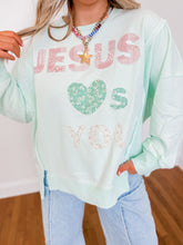 Load image into Gallery viewer, Jesus Loves You Patchwork Sweatshirt | Mint