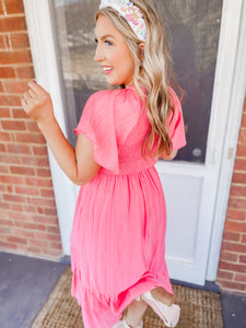 Coral Burst Midi Dress