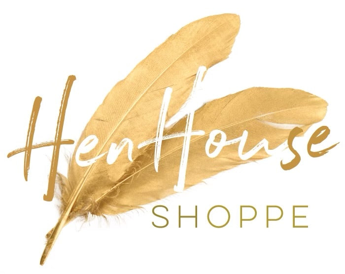 Logo with two gold feathers crossed in the background. "Hen House" appears in a white script font across the feathers, with "GIFT CARD" in uppercase gold letters below.