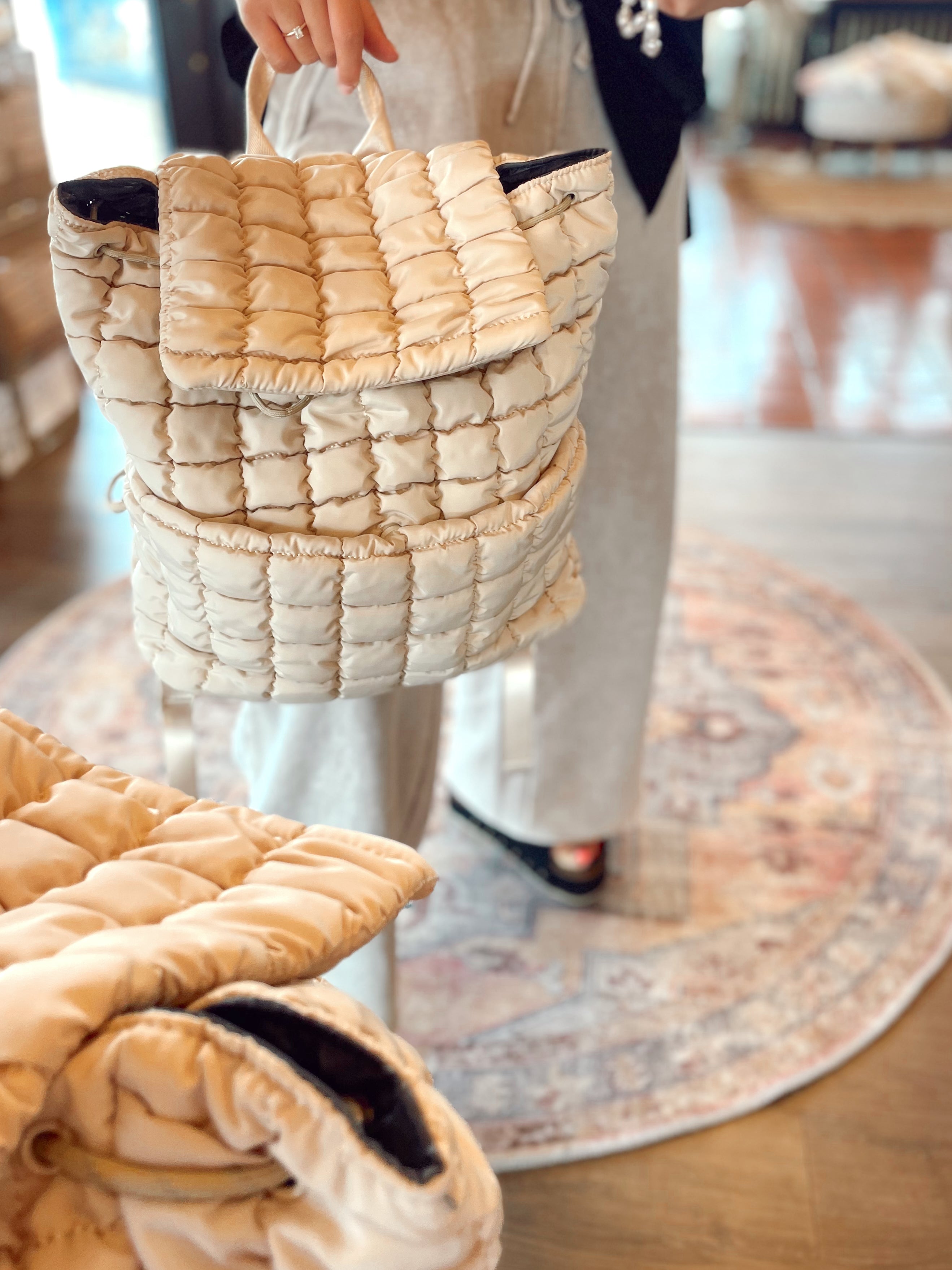 Chic Cream Quilted Women\'s‎ Backpack Cream quilted leather backpack - Taranko main image 2