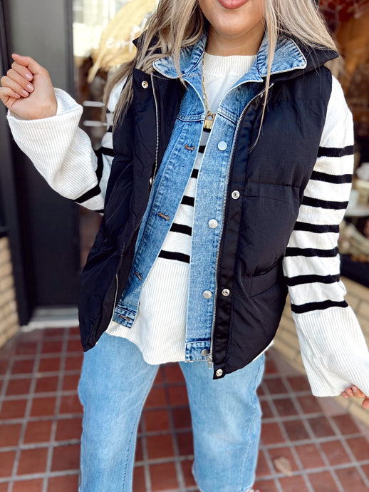 A Fall Drive Denim Layered Vest - Black