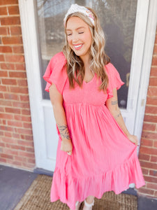 Coral Burst Midi Dress