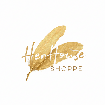 Logo of HenHouse Shoppe with gold feathers on a white background