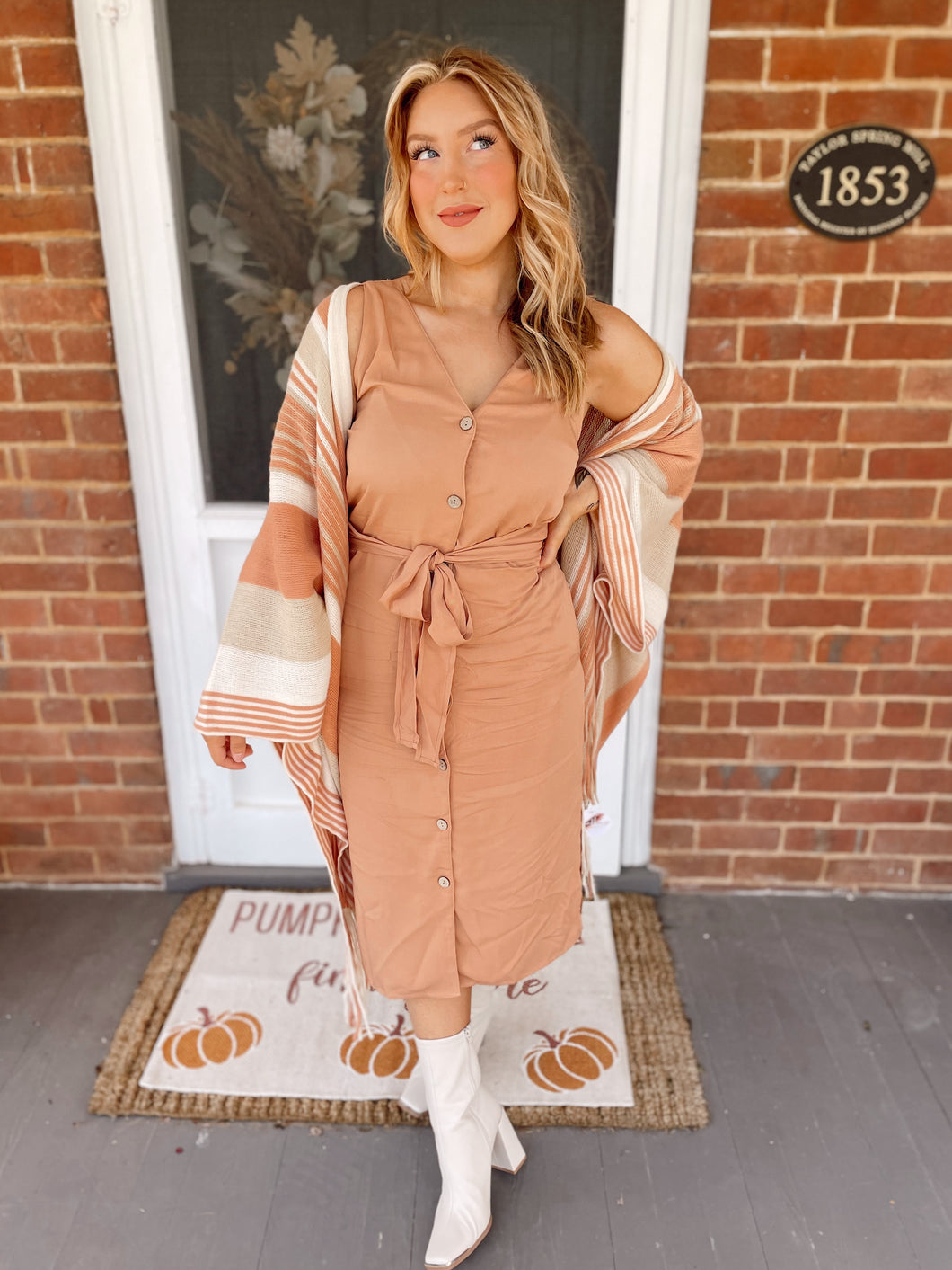 Fall Awaits Midi Dress - Camel