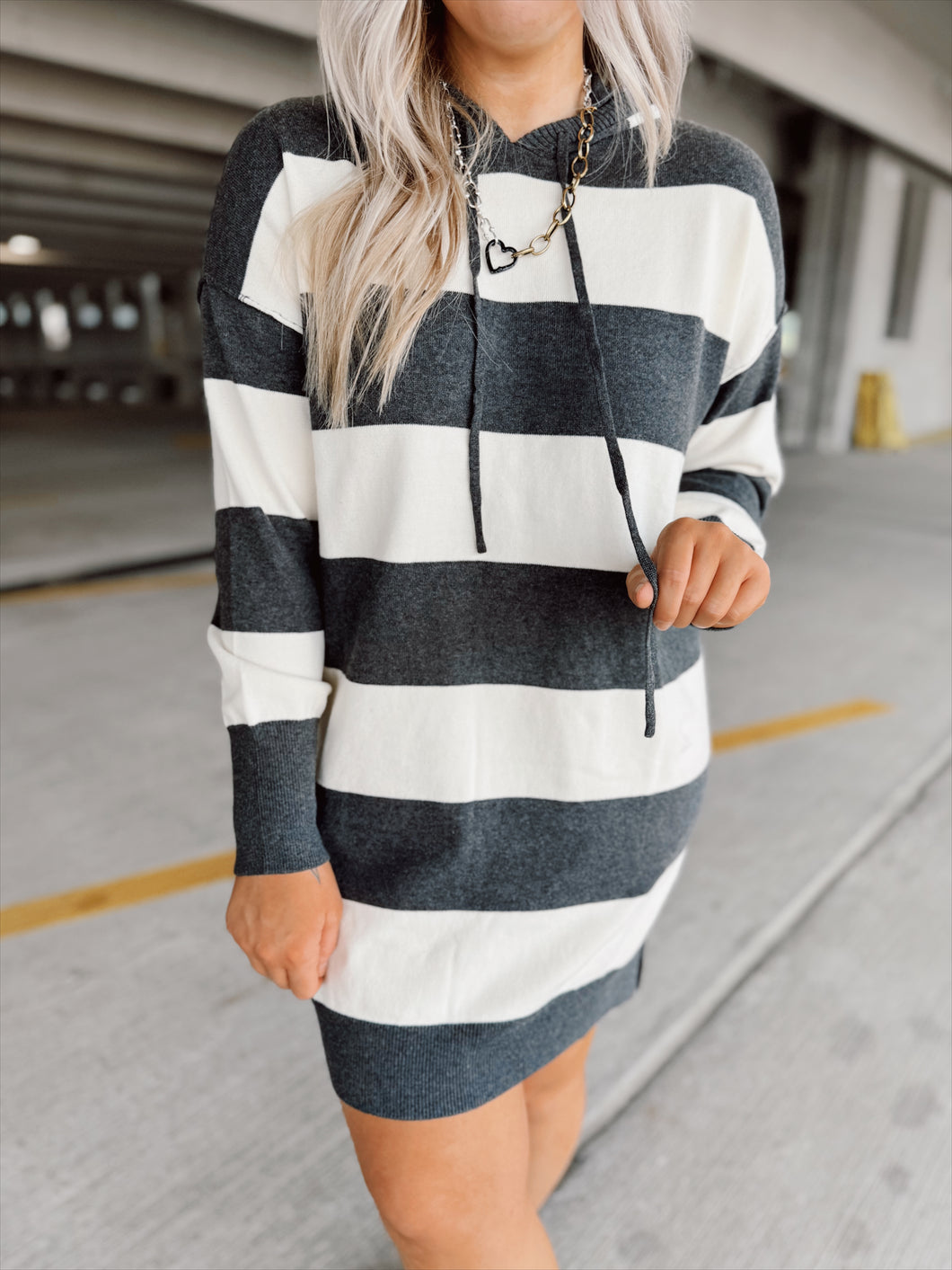 Snug & Striped Sweater Dress | Charcoal