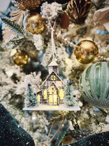 Plaid Light Up Church Ornament