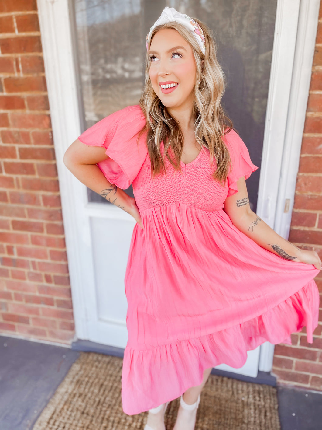 Coral Burst Midi Dress