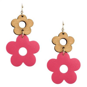 Hot Pink and Tan Wood Two Drop 2" Earring