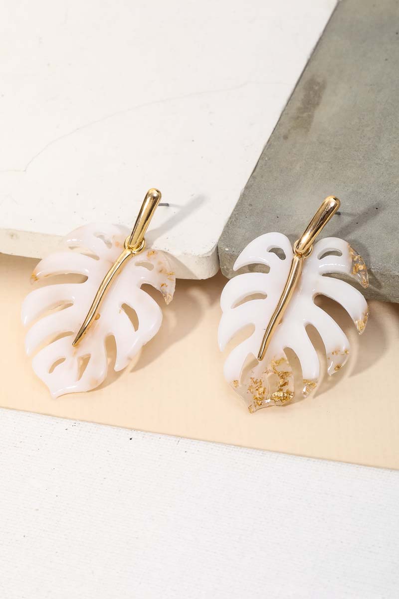 White & Gold Monstera Leaf Earrings