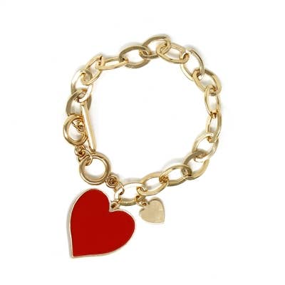 Gold Link Heart Bracelet - Red