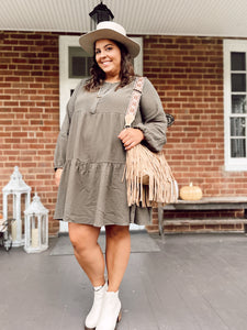 Curvy Looking at You Gauzy Tiered Dress in Olive