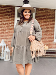 Curvy Looking at You Gauzy Tiered Dress in Olive