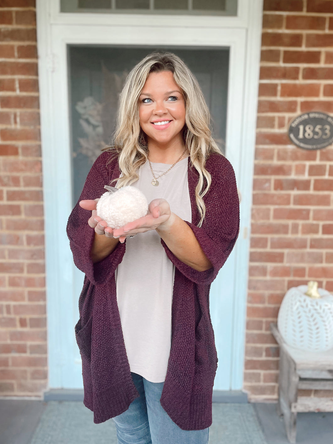 Shades of autumn open knit cardigan in plum