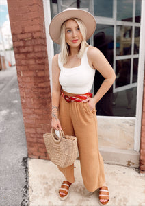 Move on over linen crop pants in butterscotch
