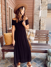 Load image into Gallery viewer, Little buttercup smocked ruffle trim midi dress in black