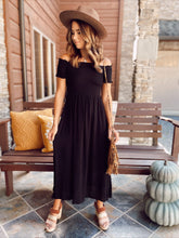 Load image into Gallery viewer, Little buttercup smocked ruffle trim midi dress in black