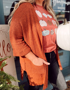 Shades of autumn open knit cardigan in rust