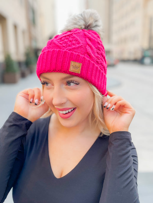 Pink Cable Knit Pom Hat
