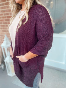 Shades of autumn open knit cardigan in plum