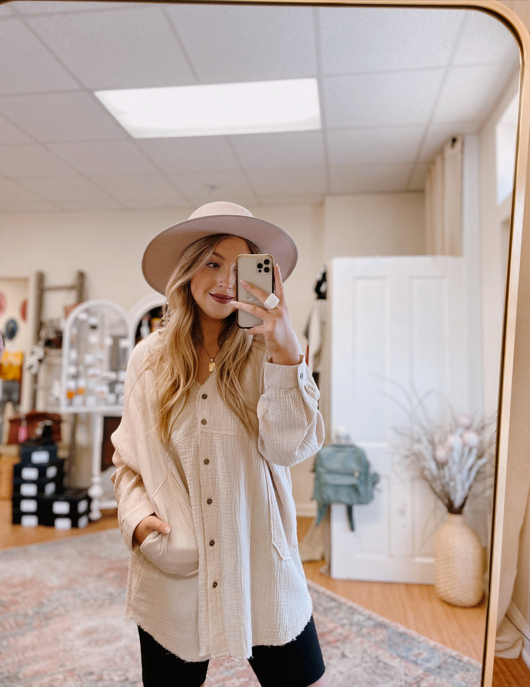 Gauzy Oversized Button Up in Taupe