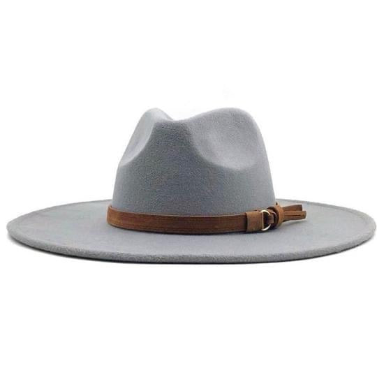 The Bethie Belted Wool Panama Hat is a light gray wide-brimmed fedora with a brown leather band and small bow detail around the crown, shown on a white background.