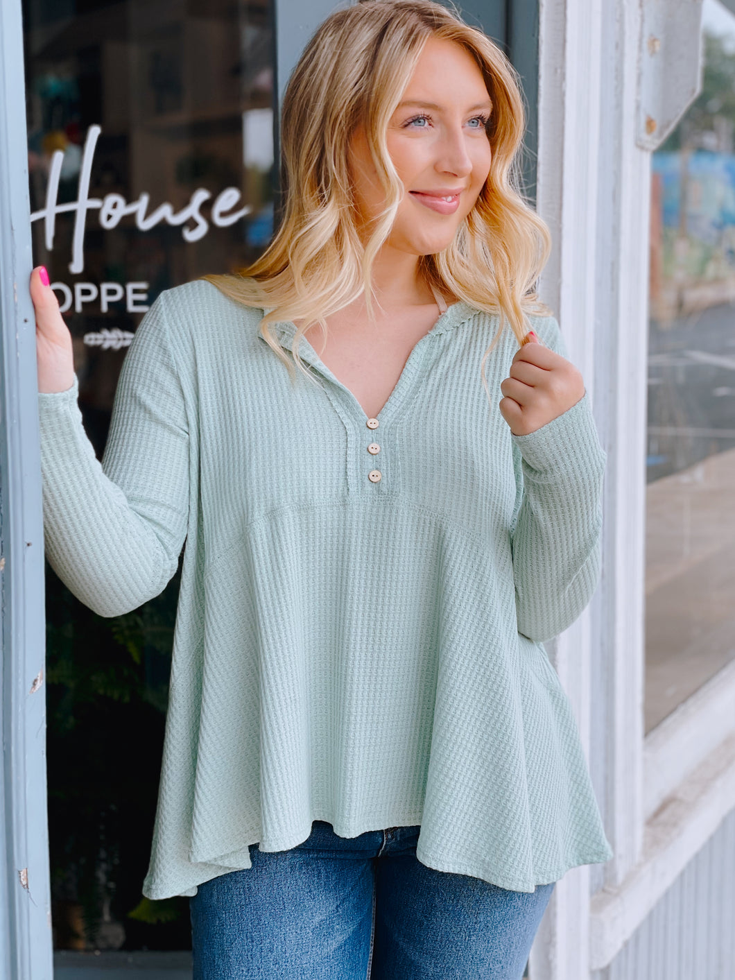 Sage Waffle Knit Front Button Top