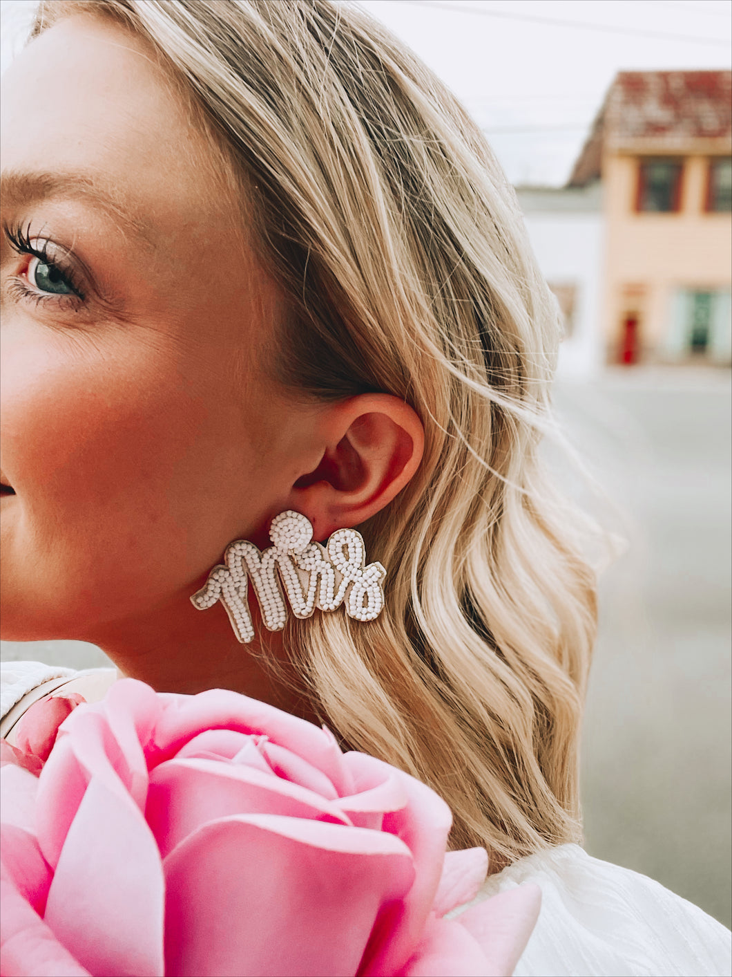 Beaded Mrs Print Earrings in White