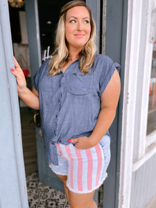 Curvy All Washed Up Frayed Hem Collar Shirt