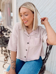 POL Gauzy Hangout Cropped Button Up in Lilac