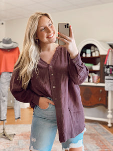 Gauzy Oversized Button Up in Grape