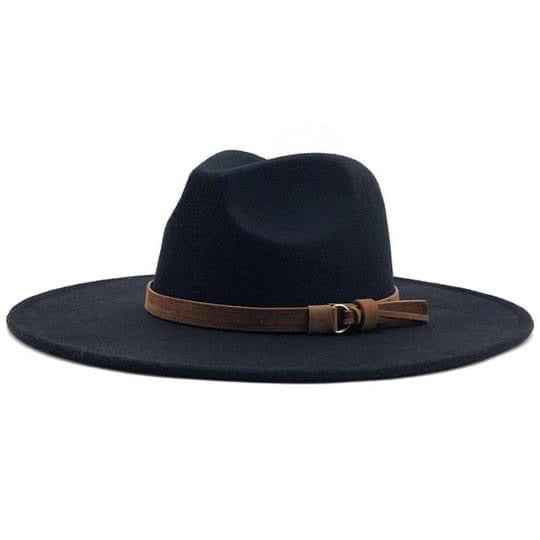 The Bethie Belted Wool Panama Hat is a black, wide-brimmed fedora featuring a brown leather band with a buckle around the crown.