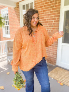 Brielle half button up oversized knit pullover in pumpkin