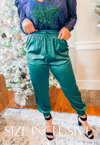 Sleigh Bells Ring Satin Joggers - Green