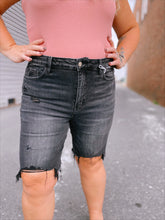 Load image into Gallery viewer, Super stretch black distressed Bermuda shorts