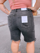Load image into Gallery viewer, Super stretch black distressed Bermuda shorts