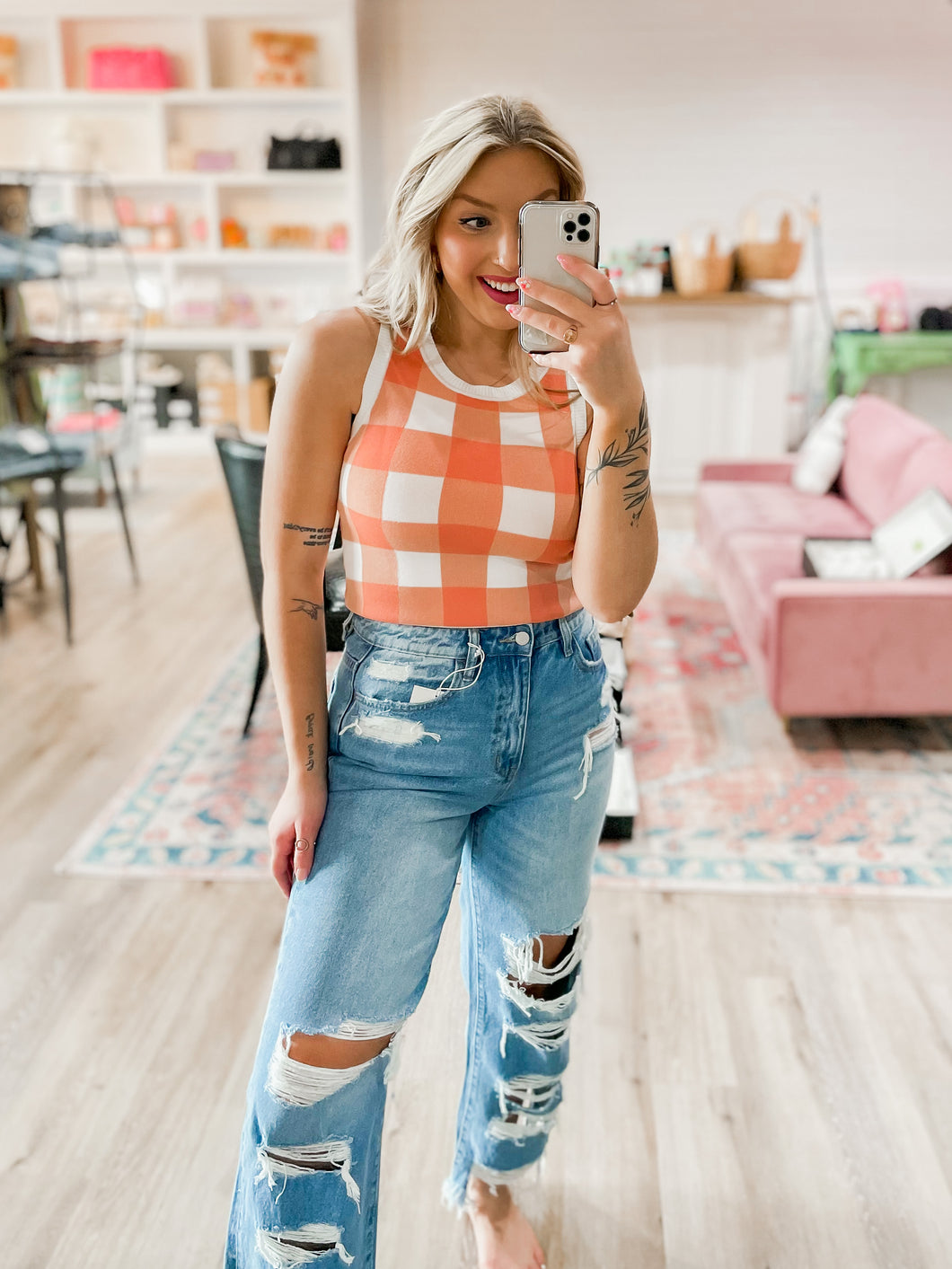 Life is Good Gingham Tank in Peach