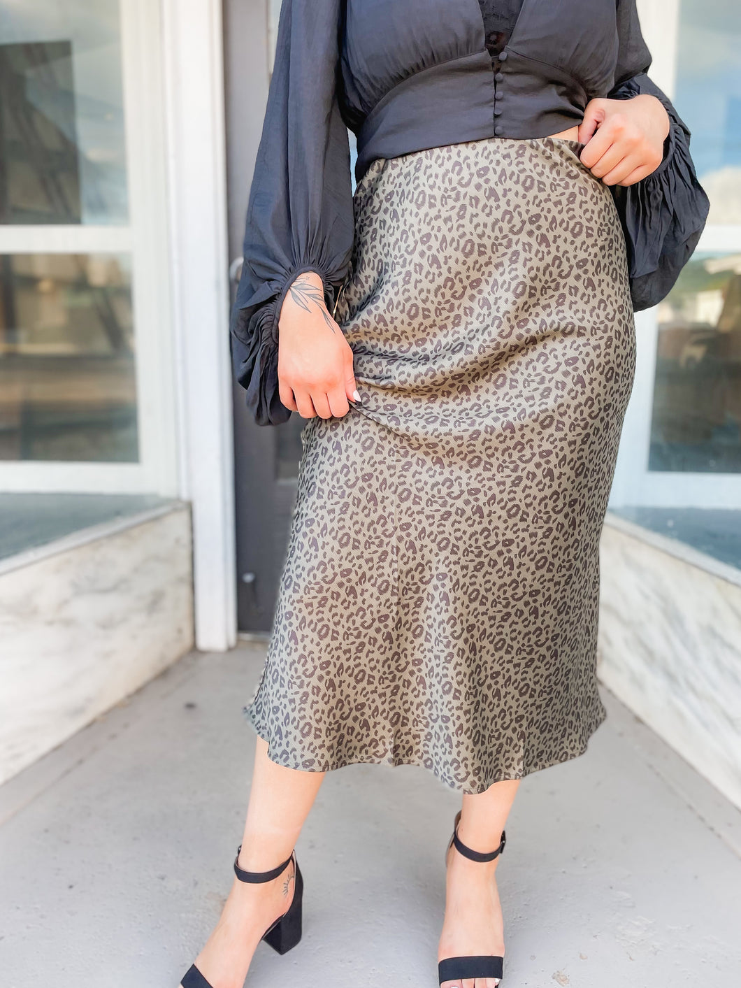 By My Side Leopard Skirt in Olive